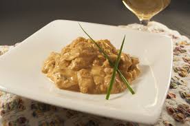 Beef Stroganoff served in a white dish